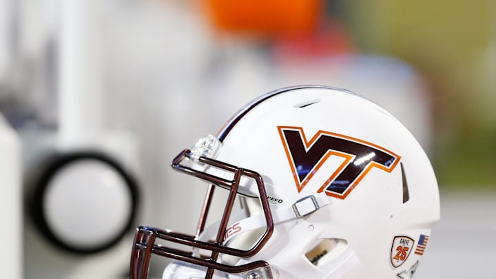 Dec 29, 2016; Charlotte, NC, USA; A Virginia Tech Hokies helmet lays on the sidelines during the second half against the Arkansas Razorbacks during the Belk Bowl at Bank of America Stadium. Virginia Tech defeated Arkansas 35-24. Mandatory Credit: Jeremy Brevard-Imagn Images
