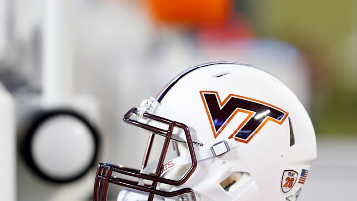 Dec 29, 2016; Charlotte, NC, USA; A Virginia Tech Hokies helmet lays on the sidelines during the second half against the Arkansas Razorbacks during the Belk Bowl at Bank of America Stadium. Virginia Tech defeated Arkansas 35-24. Mandatory Credit: Jeremy Brevard-Imagn Images