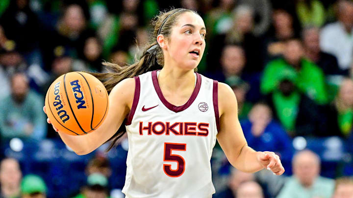 Feb 29, 2024; Virginia Tech guard Georgia Amoore (5) dribbles in the first half against Notre Dame at the Purcell Pavilion.