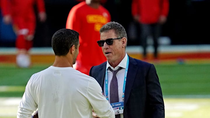 Feb 2, 2020; Miami Gardens, Florida, USA; San Francisco 49ers quarterback Jimmy Garoppolo (10) talks with Troy Aikman before Super Bowl LIV against the Kansas City Chiefs at Hard Rock Stadium. Mandatory Credit: Kirby Lee-Imagn Images Feb 2, 2020; Miami Gardens, Florida, USA; San Francisco 49ers quarterback Jimmy Garoppolo (10) talks with Troy Aikman before Super Bowl LIV against the Kansas City Chiefs at Hard Rock Stadium. Mandatory Credit: Kirby Lee-Imagn Images