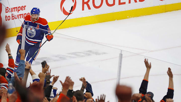 Oct 15, 2024; Edmonton, Alberta, CAN;  at Edmonton Oilers forward Leon Draisaitl (29) celebrates after scoring a goal against the Philadelphia Flyers during overtime Rogers Place. Mandatory Credit: Perry Nelson-Imagn Images