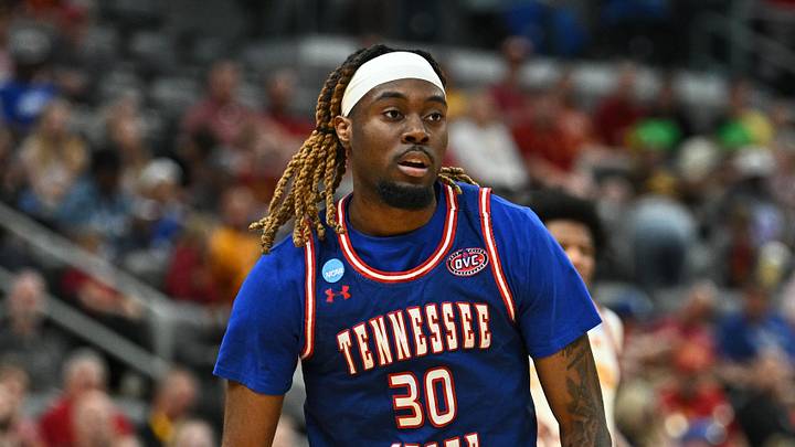 Mar 20, 2026; St. Louis, MO, USA; Tennessee State Tigers guard Aaron Nkrumah (30) looks on against the Iowa State Cyclones during the first half of a first-round game of the men's 2026 NCAA Tournament at Enterprise Center.
