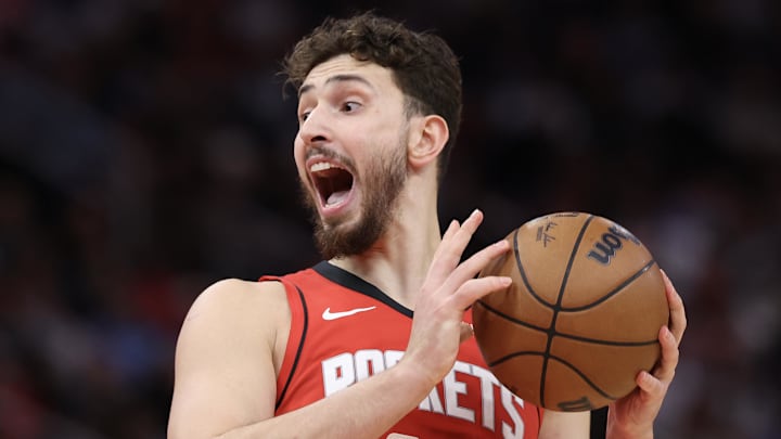 Jan 20, 2026; Houston, Texas, USA;Houston Rockets center Alperen Sengun (28) reacts against the San Antonio Spurs  in the second quarter at Toyota Center. Mandatory Credit: Thomas Shea-Imagn Images