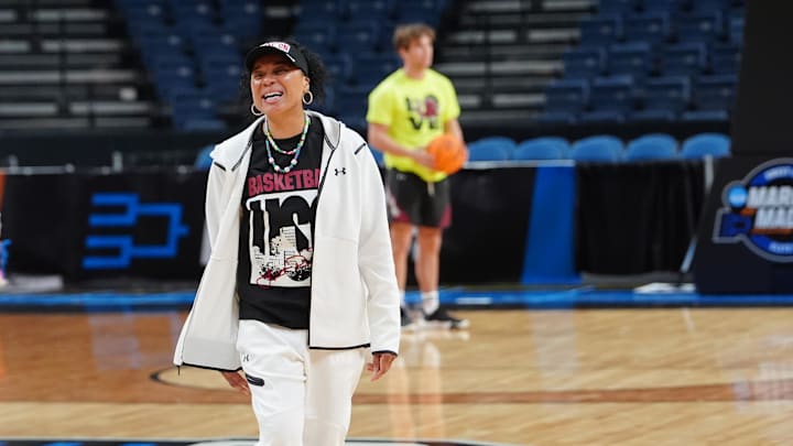 Mar 28, 2024; Albany, NY, USA; South Carolina Gamecocks head coach Dawn Staley during practice prior to her team's Sweet 16 matchup with Indiana