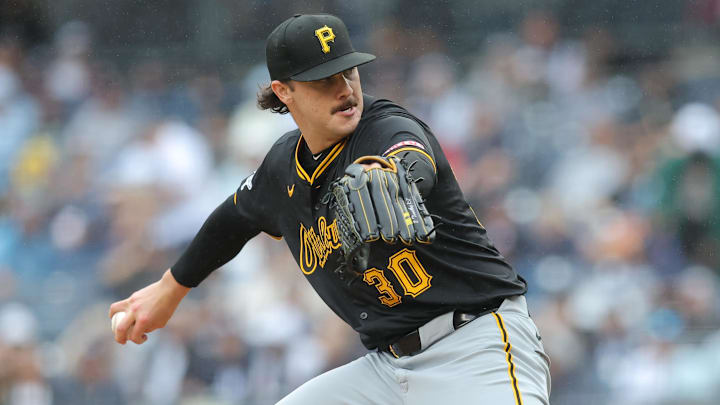 Sep 28, 2024; Bronx, New York, USA; Pittsburgh Pirates starting pitcher Paul Skenes (30) pitches against the New York Yankees during the first inning at Yankee Stadium. Mandatory Credit: Brad Penner-Imagn Images