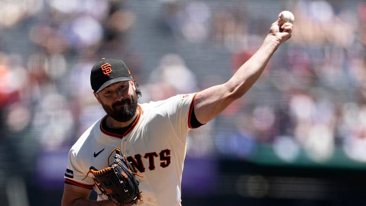 San Francisco Giants starting pitcher Robbie Ray (38) delivers a pitch against the Atlanta Braves during the first inning at Oracle Park. San Francisco Giants starting pitcher Robbie Ray (38) delivers a pitch against the Atlanta Braves during the first inning at Oracle Park.
