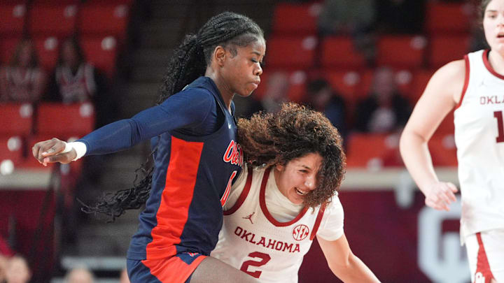 Oklahoma 's Aaliyah Chavez (2) tries to get by Ole Miss' Sira Thienou (0) in the second half of the womenÕs college basketball game between the University of Oklahoma Sooners and Ole Miss at Lloyd Noble Center in Norman, Okla., Thursday Jan. 8, 2026. Oklahoma 's Aaliyah Chavez (2) tries to get by Ole Miss' Sira Thienou (0) in the second half of the womenÕs college basketball game between the University of Oklahoma Sooners and Ole Miss at Lloyd Noble Center in Norman, Okla., Thursday Jan. 8, 2026.