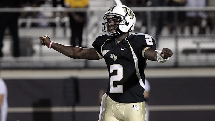 November 3, 2011; Orlando FL, USA; UCF Knights quarterback Jeff Godfrey (2) calls a play during the second quarter against the Tulsa Golden Hurricane at Bright House Networks Stadium. Mandatory Credit: Kim Klement-Imagn Images