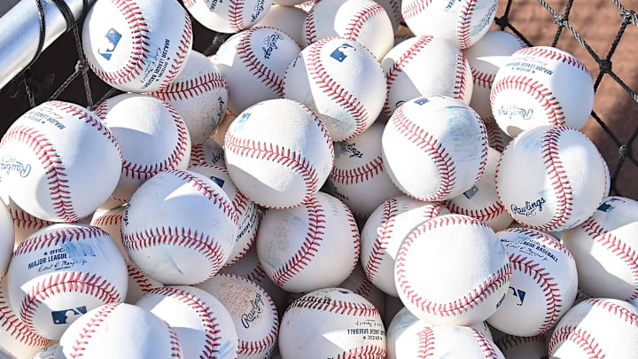 Feb 18, 2026; Scottsdale, AZ, USA; General view of a basket of baseballs during a San Francisco Giants Spring Training workout at Scottsdale Stadium Mandatory Credit: Matt Kartozian-Imagn Images