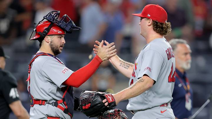Aug 3, 2026; Bronx, New York, USA; St. Louis Cardinals catcher Jimmy Crooks (8) and relief pitcher Gordon Graceffo (44) celebrate after defeating the New York Yankees at Yankee Stadium. Mandatory Credit: Brad Penner-Imagn Images Aug 3, 2026; Bronx, New York, USA; St. Louis Cardinals catcher Jimmy Crooks (8) and relief pitcher Gordon Graceffo (44) celebrate after defeating the New York Yankees at Yankee Stadium. Mandatory Credit: Brad Penner-Imagn Images