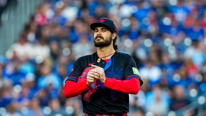 Jul 31, 2026; Toronto, Ontario, CAN;  Toronto Blue Jays pitcher Dylan Cease (84) looks on during the second inning at a MLB game against the St. Louis Cardinals at Rogers Centre. Mandatory Credit: Kevin Sousa-Imagn Images