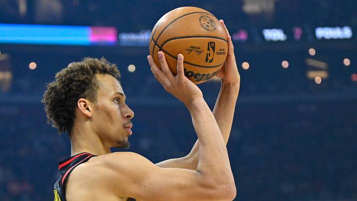 Apr 8, 2026; Cleveland, Ohio, USA; Atlanta Hawks guard Dyson Daniels (5) shoots in the first quarter against the Cleveland Cavaliers at Rocket Arena. Mandatory Credit: David Richard-Imagn Images