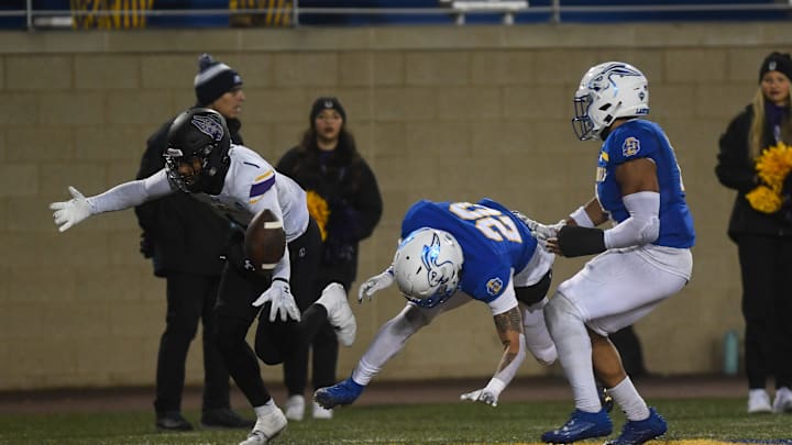 UAlbany's defensive back Aamir Hall (1) misses the pass on Friday, Dec. 15, 2023 at Dana J. Dykhouse