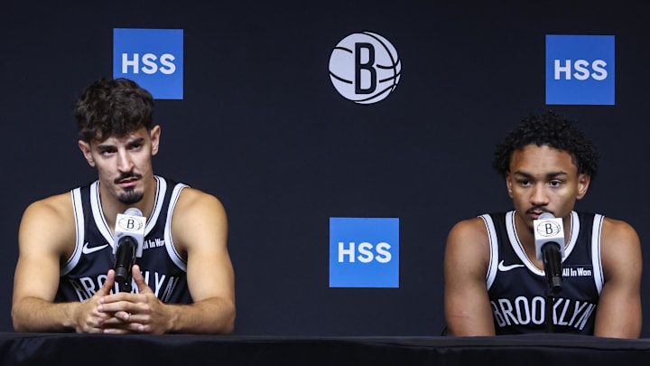 Sep 23, 2025; Brooklyn, NY, USA;  Brooklyn Nets guards Ben Saraf (77) and Kobe Bufkin (44) speak at Media Day. Mandatory Credit: Wendell Cruz-Imagn Images