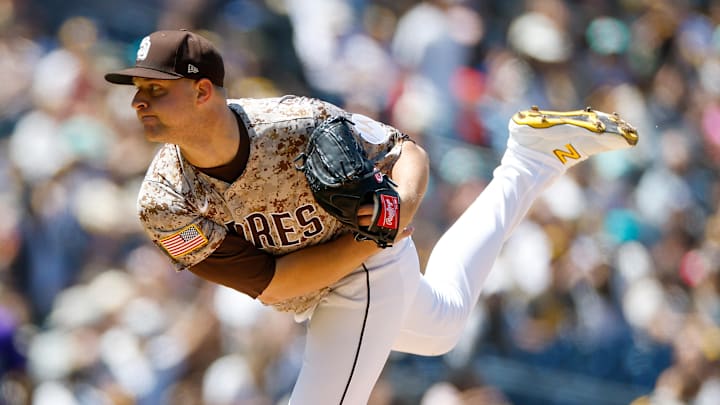 Apr 13, 2025; San Diego, California, USA; San Diego Padres starting pitcher Michael King (34) throws a pitch during the first inning against the Colorado Rockies at Petco Park. Mandatory Credit: David Frerker-Imagn Images