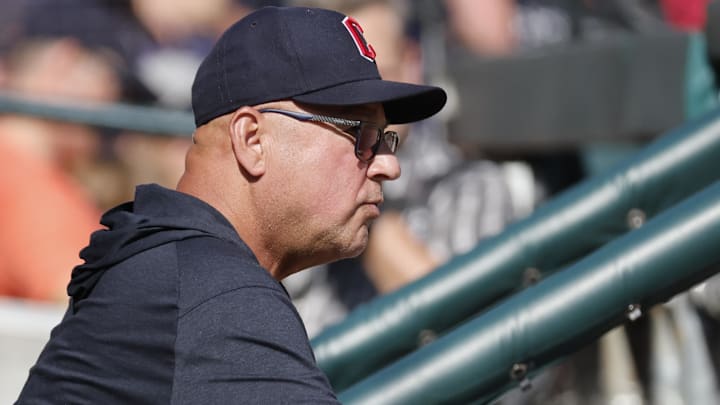 Oct 1, 2023; Detroit, Michigan, USA; Cleveland Guardians manager Terry Francona (77) in the dugout before the game against the Detroit Tigers at Comerica Park. Mandatory Credit: Rick Osentoski-Imagn Images Oct 1, 2023; Detroit, Michigan, USA; Cleveland Guardians manager Terry Francona (77) in the dugout before the game against the Detroit Tigers at Comerica Park. Mandatory Credit: Rick Osentoski-Imagn Images
