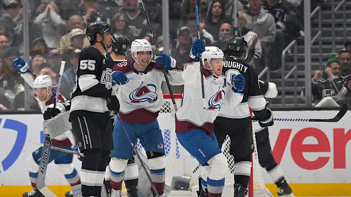 Apr 23, 2026; Los Angeles, California, USA; Colorado Avalanche left wing Artturi Lehkonen (62) and center Nathan MacKinnon (29) celebrate a goal in the second period of game three of the first round of the 2026 Stanley Cup Playoffs against the Los Angeles Kings at Crypto.com Arena. Mandatory Credit: Jayne Kamin-Oncea-Imagn Images Apr 23, 2026; Los Angeles, California, USA; Colorado Avalanche left wing Artturi Lehkonen (62) and center Nathan MacKinnon (29) celebrate a goal in the second period of game three of the first round of the 2026 Stanley Cup Playoffs against the Los Angeles Kings at Crypto.com Arena. Mandatory Credit: Jayne Kamin-Oncea-Imagn Images
