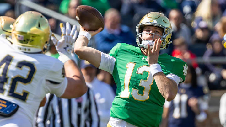 Apr 12, 2025; Notre Dame, IN, USA; Notre Dame Fighting Irish quarterback CJ Carr (13) throws a pass during the Blue-Gold game at Notre Dame Stadium. Mandatory Credit: Michael Caterina-Imagn Images