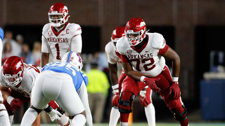Oct 7, 2023; Oxford, Mississippi, USA; Arkansas Razorbacks offensive linemen Andrew Chamblee (72)