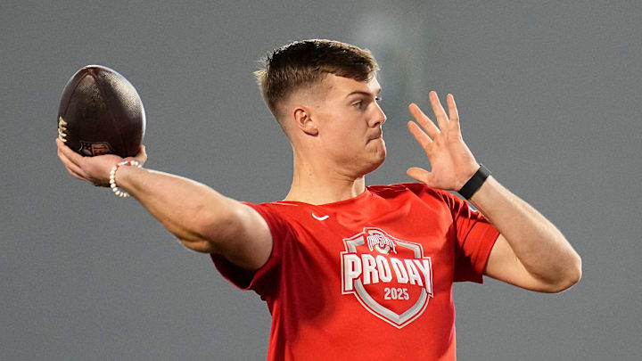 Ohio State Buckeyes quarterback Will Howard throws during the pro day for NFL scouts at the Woody Hayes Athletic Center Ohio State Buckeyes quarterback Will Howard throws during the pro day for NFL scouts at the Woody Hayes Athletic Center