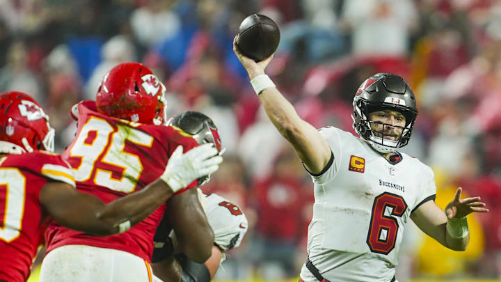 Nov 4, 2024; Kansas City, Missouri, USA; Tampa Bay Buccaneers quarterback Baker Mayfield (6) throws a pass during the second half against the Kansas City Chiefs at GEHA Field at Arrowhead Stadium. Mandatory Credit: Jay Biggerstaff-Imagn Images