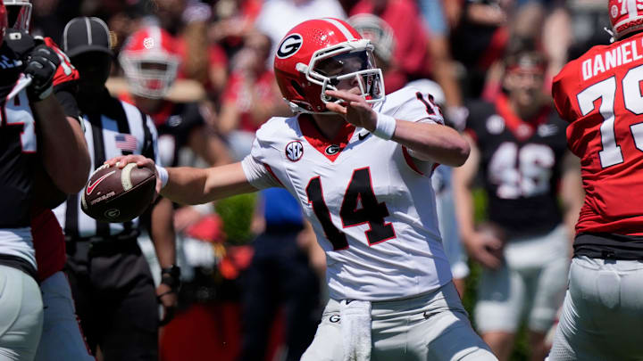Georgia quarterback Gunner Stockton (14) throws a deep ball during the Georgia G-Day spring football game in Athens, Ga., on Saturday, April 12, 2025.