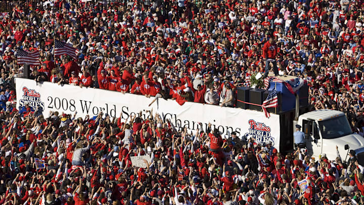 Oct 31, 2008; Philadelphia, PA, USA; A vehicle carrying the Philadelphia Phillies during the parade honoring the World Series championship outside of Citizens Bank Park. Mandatory Credit: Howard Smith-Imagn Images