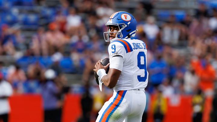 Oct 10, 2026; Gainesville, Florida, USA; Florida Gators quarterback Tramell Jones Jr. (9) looks to throw against the South Carolina Gamecocks during the second half at Ben Hill Griffin Stadium. Mandatory Credit: Matt Pendleton-Imagn Images Oct 10, 2026; Gainesville, Florida, USA; Florida Gators quarterback Tramell Jones Jr. (9) looks to throw against the South Carolina Gamecocks during the second half at Ben Hill Griffin Stadium. Mandatory Credit: Matt Pendleton-Imagn Images