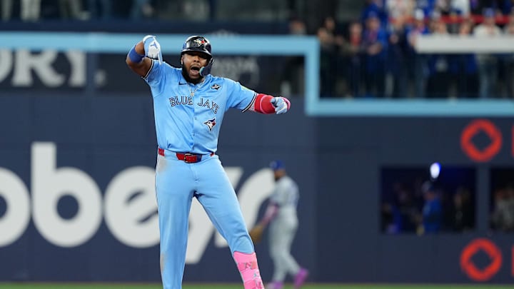 Oct 31, 2025; Toronto, Ontario, CAN; Toronto Blue Jays first baseman Vladimir Guerrero Jr. (27) hits a double in the sixth inning for game six of the 2025 MLB World Series at Rogers Centre. Mandatory Credit: Nick Turchiaro-Imagn Images Oct 31, 2025; Toronto, Ontario, CAN; Toronto Blue Jays first baseman Vladimir Guerrero Jr. (27) hits a double in the sixth inning for game six of the 2025 MLB World Series at Rogers Centre. Mandatory Credit: Nick Turchiaro-Imagn Images