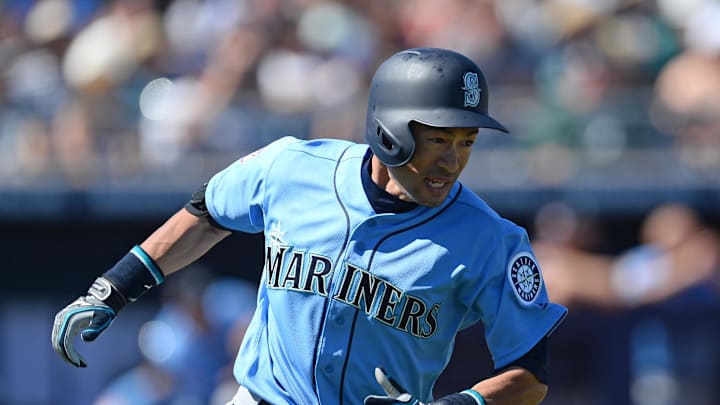 Seattle Mariners right fielder Ichiro Suzuki (51) runs to first against the San Diego Padres during the second inning at Peoria Stadium in 2019.