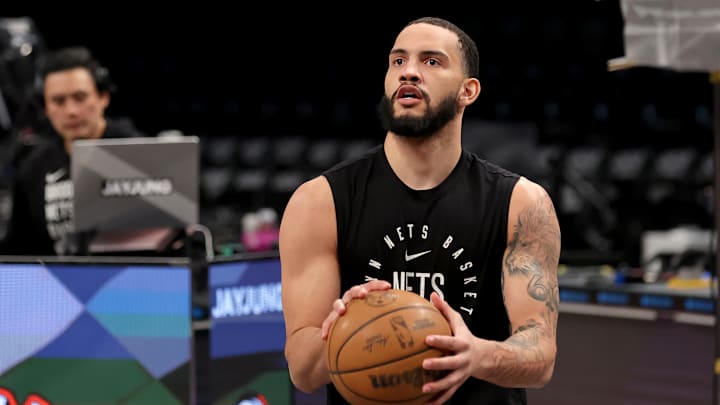 Feb 28, 2025; Brooklyn, New York, USA; Brooklyn Nets guard Tyrese Martin (13) warms up before a game against the Portland Trail Blazers at Barclays Center. Mandatory Credit: Brad Penner-Imagn Images