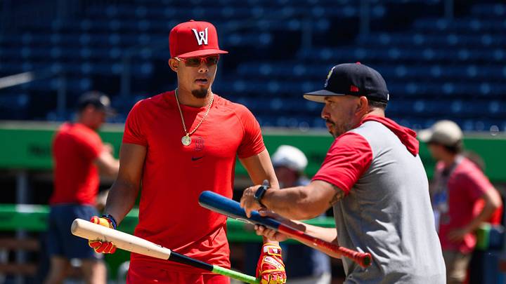 Red Sox No. 1 prospect Franklin Arias talks with WooSox acting manager Iggy Suarez before Arias' first AAA game at Polar Park on July 25, 2026.