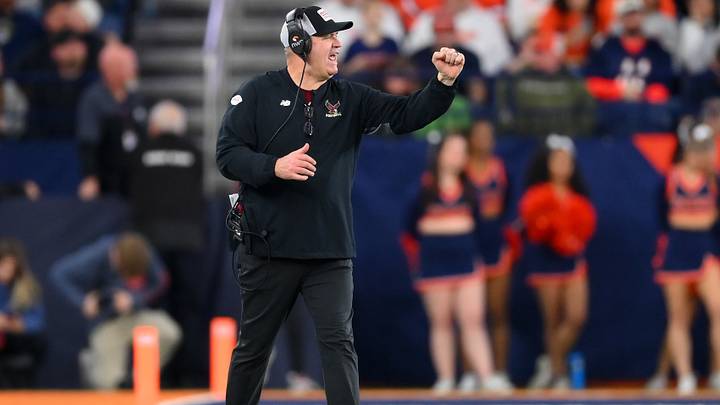 Nov 29, 2025; Syracuse, New York, USA; Boston College Eagles head coach Bill O'Brien reacts against the Syracuse Orange during the second half at the JMA Wireless Dome. Mandatory Credit: Rich Barnes-Imagn Images