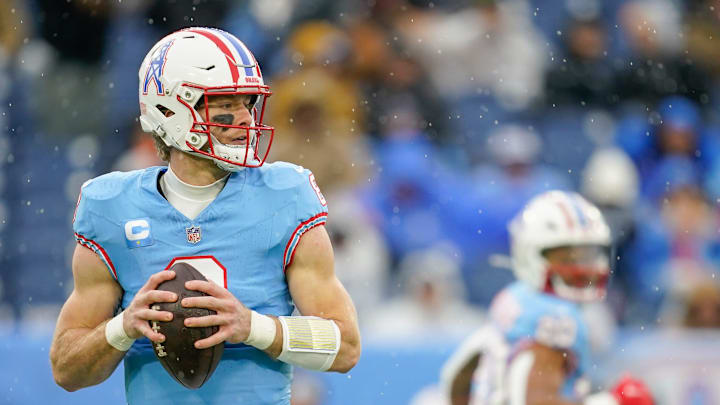 Tennessee Titans quarterback Will Levis (8) looks for a receiver during the first quarter against the Houston Texans at Nissan Stadium in Nashville, Tenn., Sunday, Jan. 5, 2025.