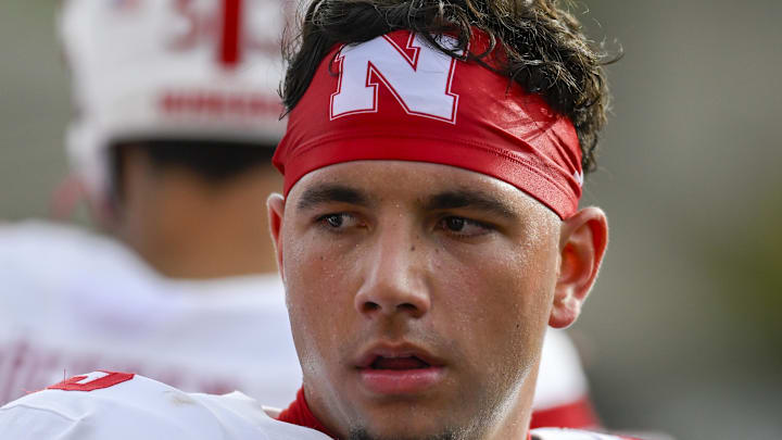 Oct 11, 2025; College Park, Maryland, USA;  Nebraska Cornhuskers quarterback Dylan Raiola (15) walks the sidelines during the first half against the Maryland Terrapins at SECU Stadium. 