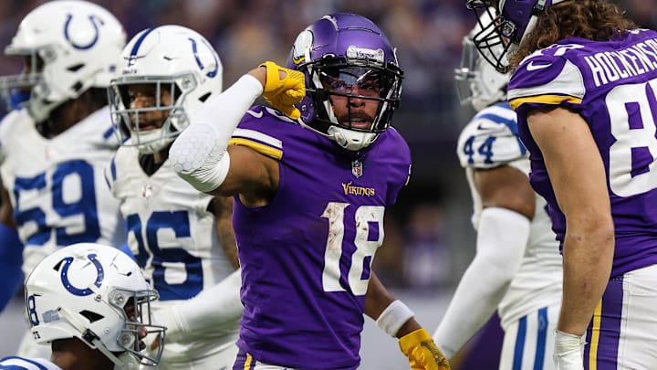 Dec 17, 2022; Minneapolis, Minnesota, USA; Minnesota Vikings wide receiver Justin Jefferson (18) reacts to his catch during the fourth quarter against the Indianapolis Colts at U.S. Bank Stadium.