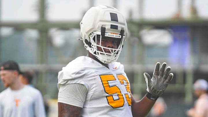 Tennessee offensive lineman Lance Heard (53) during Tennessee football preseason practice, in Knoxville, Tennessee, July 31, 2025.