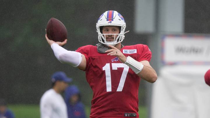 Bills Josh Allen fires off a pass to a receiver during Bills Training Camp at St. John Fisher University in Pittsford on Aug. 13 2026. Bills Josh Allen fires off a pass to a receiver during Bills Training Camp at St. John Fisher University in Pittsford on Aug. 13 2026.
