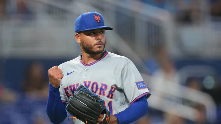 May 23, 2026; Miami, Florida, USA; New York Mets starting pitcher Freddy Peralta (51) reacts against the Miami Marlins during the fifth inning at loan Depot Park. Mandatory Credit: Sam Navarro-Imagn Images
