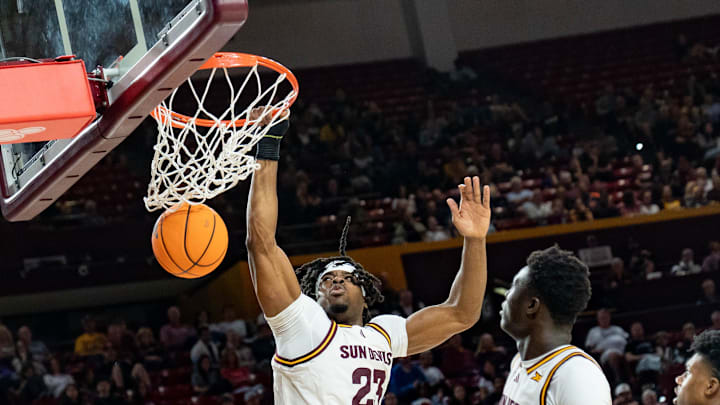 Arizona State Sun Devils Allen Mukeba (23) jumps to shoot the ball during a game against the Colorado Buffaloes at Desert Financial Arena in Tempe, on Jan. 3, 2026.