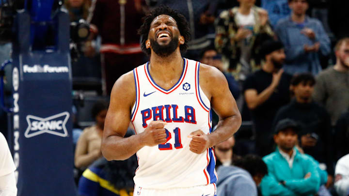 Nov 20, 2024; Memphis, Tennessee, USA; Philadelphia 76ers center Joel Embiid (21) reacts after a turnover during the second half against the Memphis Grizzlies at FedExForum. Mandatory Credit: Petre Thomas-Imagn Images Nov 20, 2024; Memphis, Tennessee, USA; Philadelphia 76ers center Joel Embiid (21) reacts after a turnover during the second half against the Memphis Grizzlies at FedExForum. Mandatory Credit: Petre Thomas-Imagn Images