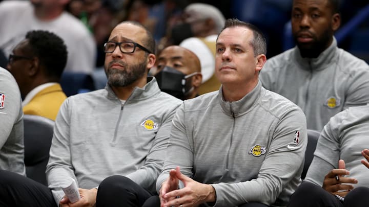 Mar 27, 2022; New Orleans, Louisiana, USA; Los Angeles Lakers head coach Frank Vogel, right, with assistant coach David Fizdale in the second half against the New Orleans Pelicans at the Smoothie King Center. The Pelicans won, 116-108. Mandatory Credit: Chuck Cook-Imagn Images