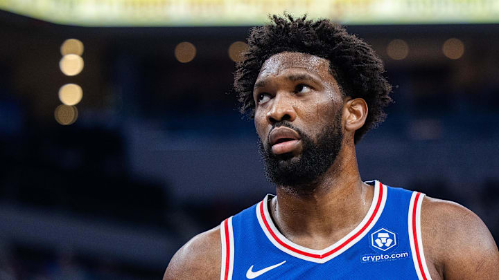 Jan 25, 2024; Indianapolis, Indiana, USA; Philadelphia 76ers center Joel Embiid (21) looks on in the Jan 25, 2024; Indianapolis, Indiana, USA; Philadelphia 76ers center Joel Embiid (21) looks on in the