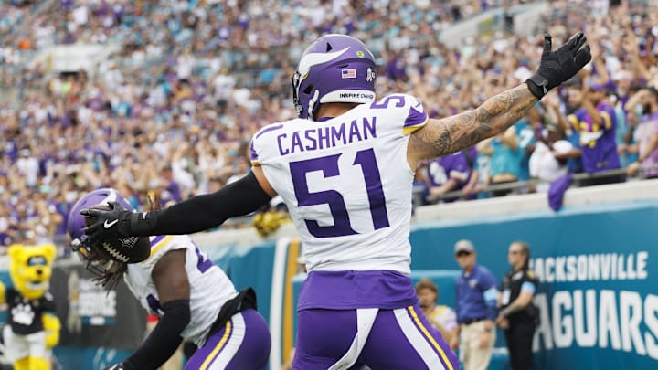 Nov 10, 2024; Jacksonville, Florida, USA; Minnesota Vikings linebacker Blake Cashman (51) celebrates a fumble return that is later called dead against the Jacksonville Jaguars during the second quarter at EverBank Stadium. Mandatory Credit: Morgan Tencza-Imagn Images