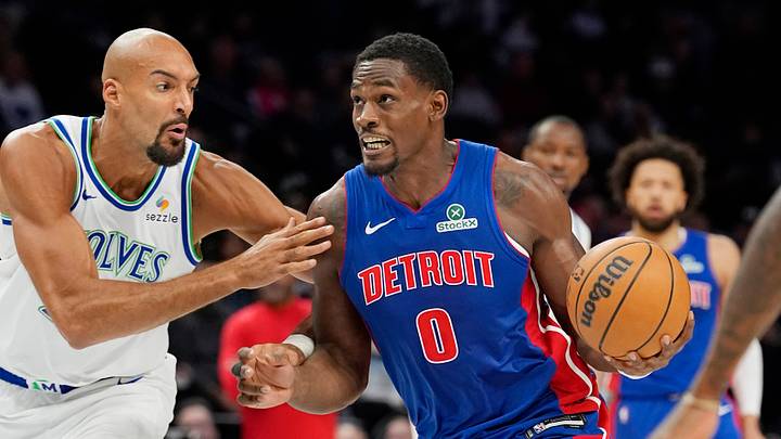 Oct 14, 2026; Minneapolis, Minnesota, USA;  Detroit Pistons center Jalen Duren (0) goes to the basket against Minnesota Timberwolves center Rudy Gobert (27) in the first quarter at Target Center.  Mandatory Credit: Bruce Kluckhohn-Imagn Images