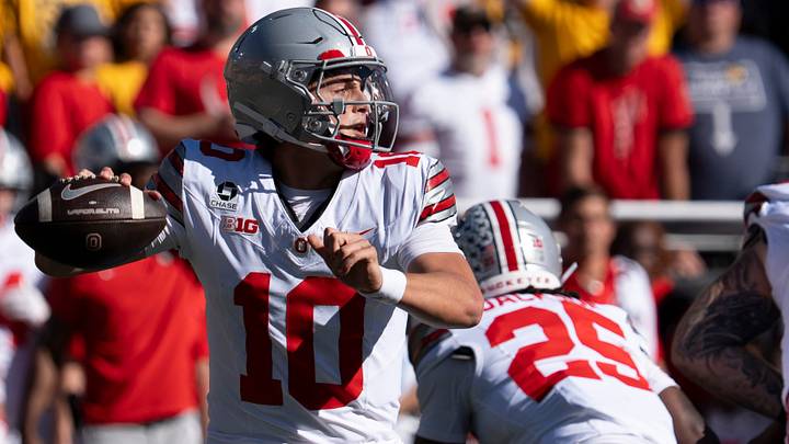 Ohio State Buckeyes quarterback Julian Sayin (10) throws a pass against the Iowa Hawkeyes Oct. 3, 2026 at Kinnick Stadium in Iowa City, Iowa.