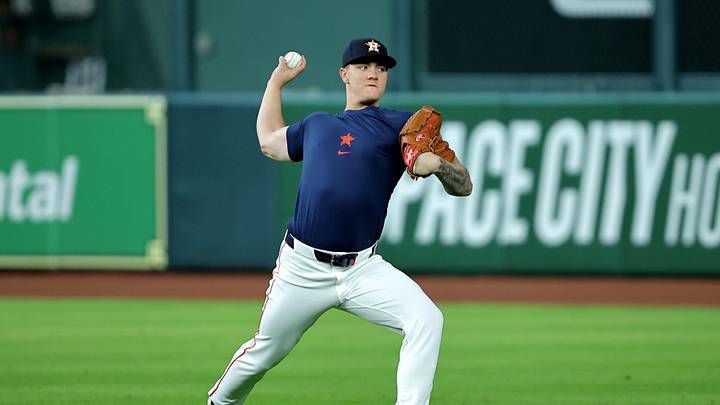 May 6, 2026; Houston, Texas, USA; Houston Astros pitcher Hunter Brown (58) works out prior to the game against the Los Angeles Dodgers at Daikin Park. Mandatory Credit: Erik Williams-Imagn Images
