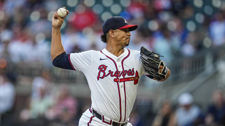 Aug 7, 2025; Cumberland, Georgia, USA; Atlanta Braves starting pitcher Carlos Carrasco (59) pitches against Miami Marlins during the first inning at Truist Park. Mandatory Credit: Dale Zanine-Imagn Images