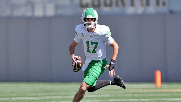 Sep 20, 2025; West Point, New York, USA; North Texas Mean Green quarterback Drew Mestemaker (17) looks to pass against the Army Black Knights during the first half at Michie Stadium. Mandatory Credit: Danny Wild-Imagn Images