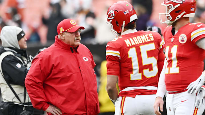 Dec 15, 2024; Cleveland, Ohio, USA; Kansas City Chiefs head coach Andy Reid talks to quarterback Patrick Mahomes (15) before the game between the Cleveland Browns and the Chiefs at Huntington Bank Field. Mandatory Credit: Ken Blaze-Imagn Images